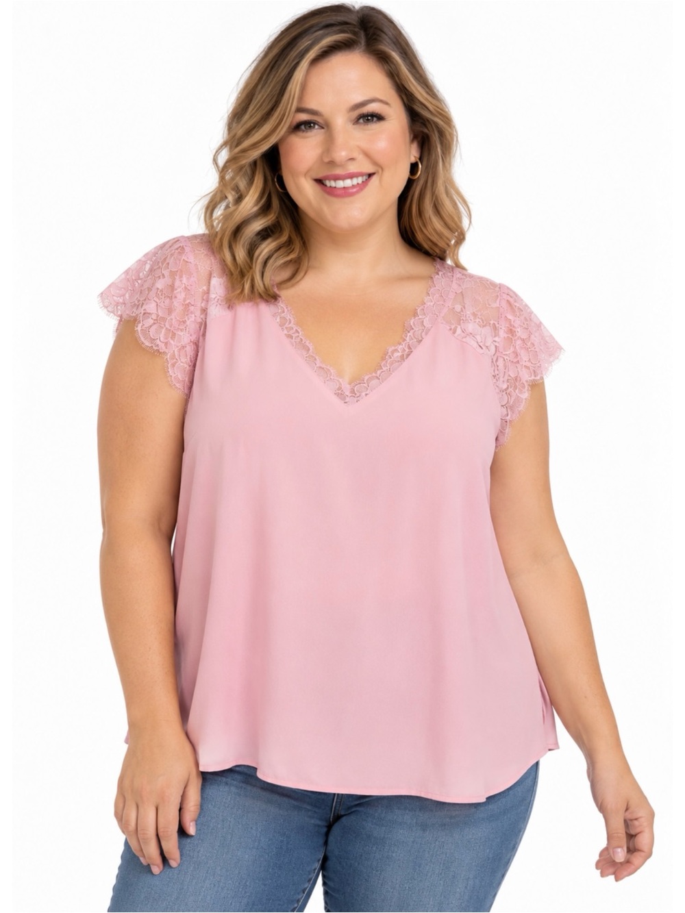 NWT TORRID | Pink Lace Trim V-Neck Georgette Short Sleeve Top Sz. 2 or a 2X